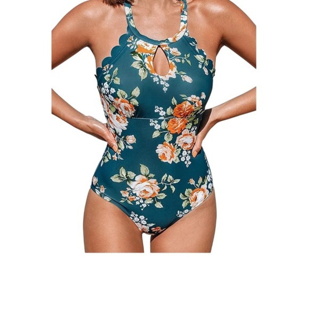 Floral Teal One Piece‎ Swimsuit Cutout Scalloped Trim Halter Neck Bathing Suit